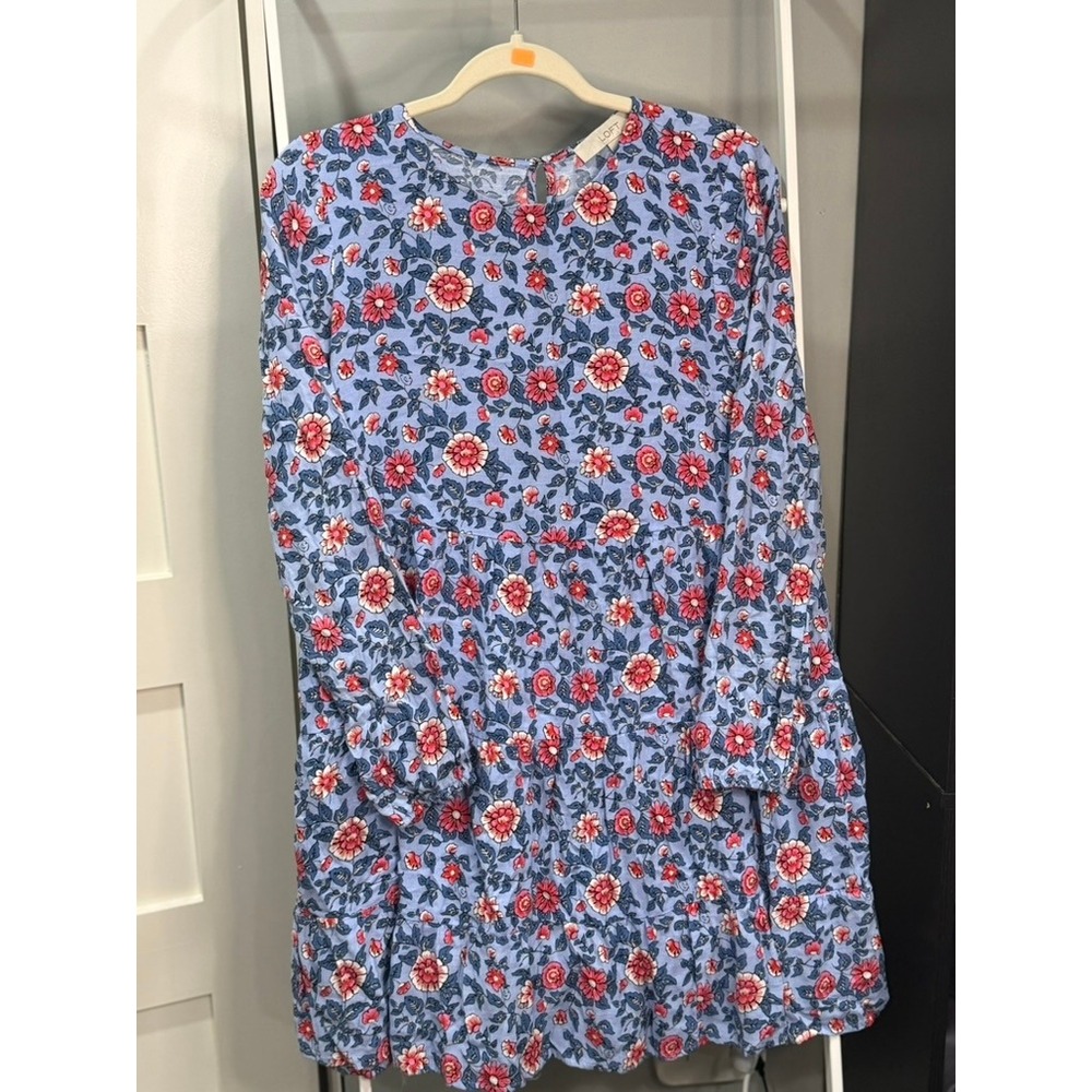 LOFT Blue Floral Tiered Long Sleeve Swing Mini Dress Medium M Prairie Indie Boho